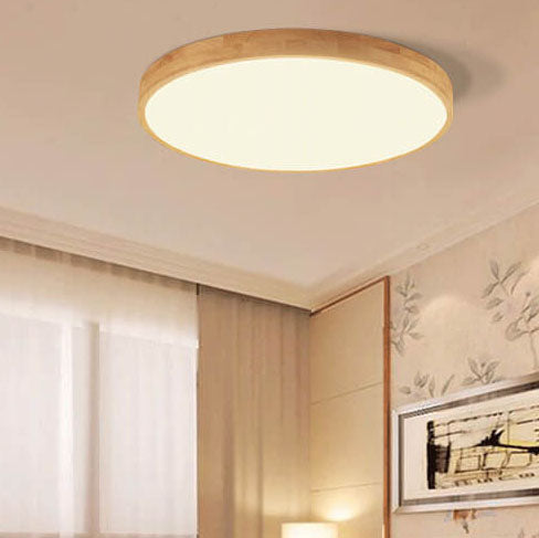 Slim Profile Round Wood Ceiling Light Fixture with Integrated LED – Modern Flush Mount in Natural Beige Finish for Bedroom, Living Room &