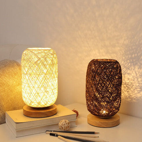 Woven Rattan Table Lamp with Wood Base & Metal Frame – Plug-In LED Desk Light for Bedroom, Living Room & Office