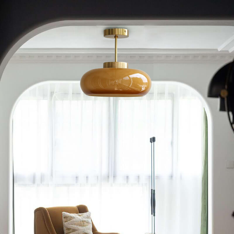 Amber Glass Semi-Flush Ceiling Light with Antique Gold Finish for Bedroom & Living Room - 11 Inch Single-Bulb Hardwired Fixture