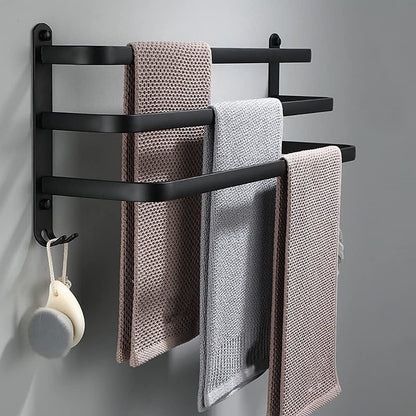 Wall-Mount Aluminum Bathroom Bar for Hand Towels & Washcloths – Black Triple-Rail Storage for Shower, Laundry & Kitchen – Space-Saving Dryin