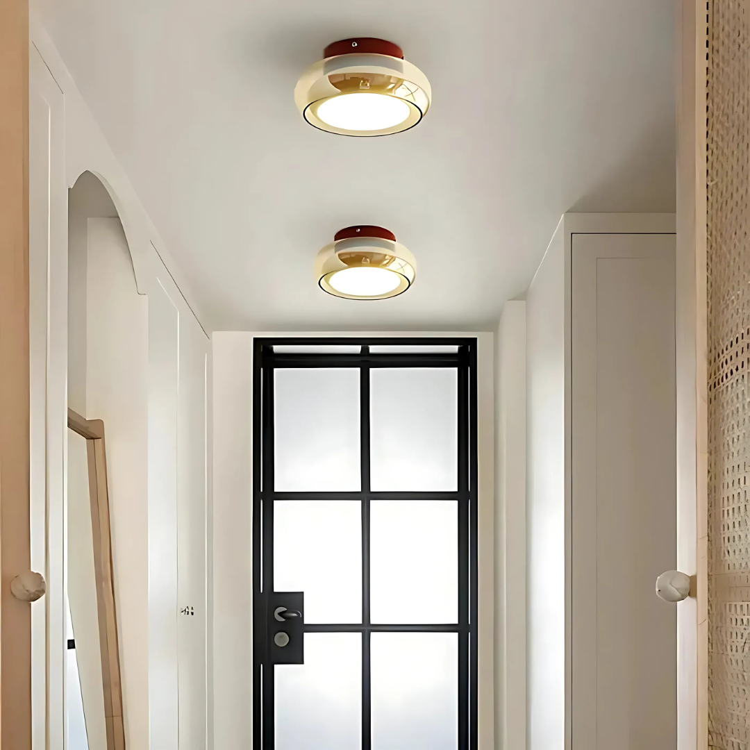 Flush-Mount LED Light Fixture 24W Amber Glass for Small Rooms & Hallways Warm Glow Vintage-Inspired Close-to-Ceiling Lamp for Bedroom Entryw