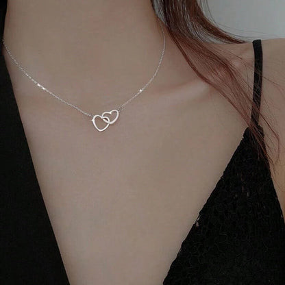 Interlocking Double Heart Pendant Titanium Steel Chain Necklace for Women Anniversary Valentines Day Jewelry Gift with Optional Spinning
