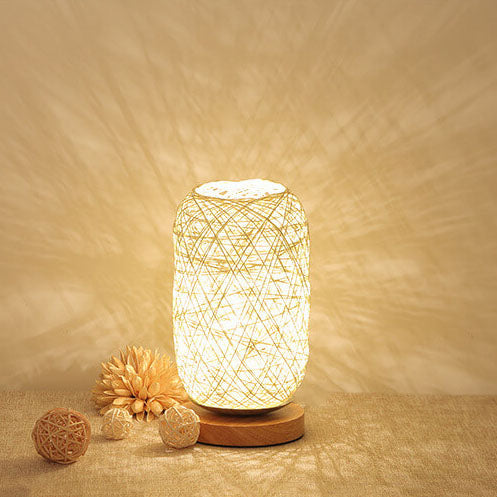 Woven Rattan Table Lamp with Wood Base & Metal Frame – Plug-In LED Desk Light for Bedroom, Living Room & Office