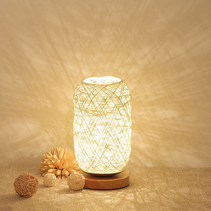 Woven Rattan Table Lamp with Wood Base & Metal Frame – Plug-In LED Desk Light for Bedroom, Living Room & Office