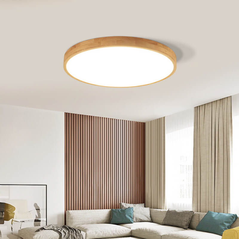 Slim Profile Round Wood Ceiling Light Fixture with Integrated LED – Modern Flush Mount in Natural Beige Finish for Bedroom, Living Room &