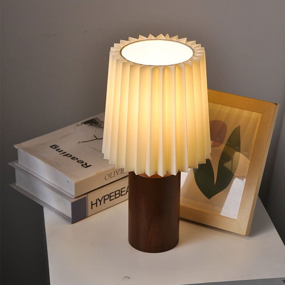 Nightstand Lamp with Pleated Shade Wood Base 12 in Tall USB or E26 Socket Soft Ambient Light for Bedroom Office Reading Scandinavian Modern