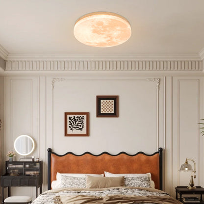 Round Flush Mount LED Ceiling Light with Lunar Surface Design Wood & Acrylic 19 in Diameter for Bedrooms Living Rooms Hallways Modern Ambien