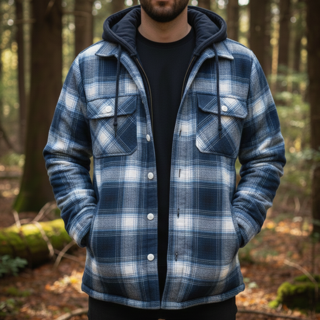 Quilted Plaid Flannel Shirt Jacket with Removable Hood for Men – Button Front & Zip Closure