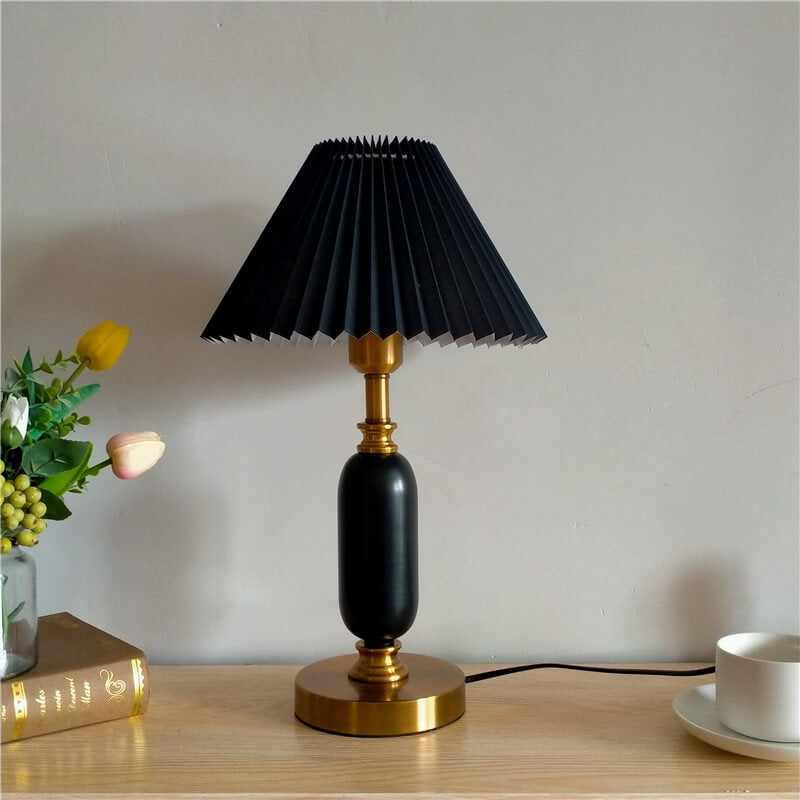 Pleated Bedside Lamp with Metal Base and Fabric Shade for Bedroom, Living Room & Study | E26 Socket