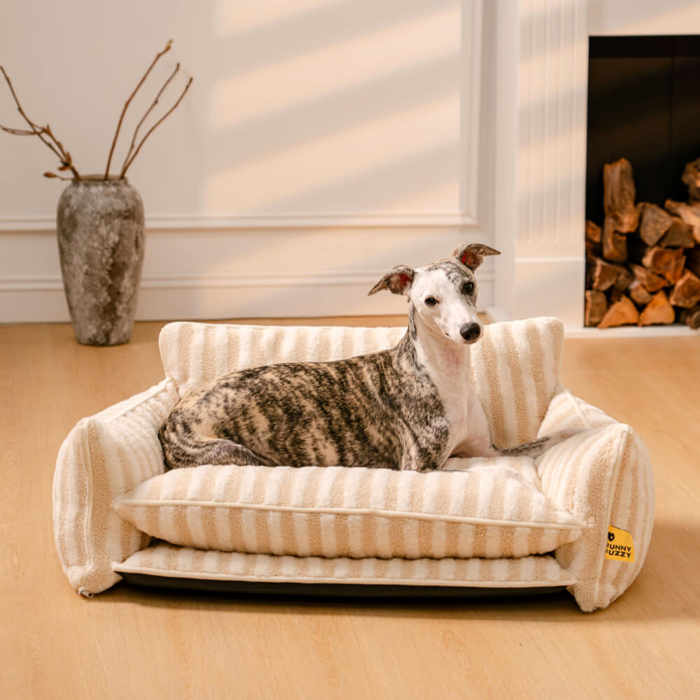 Plush Pet Couch with Washable Cover - Dual-Layer Cushioned Lounger for Dogs & Cats - Striped Fleece Nap Spot