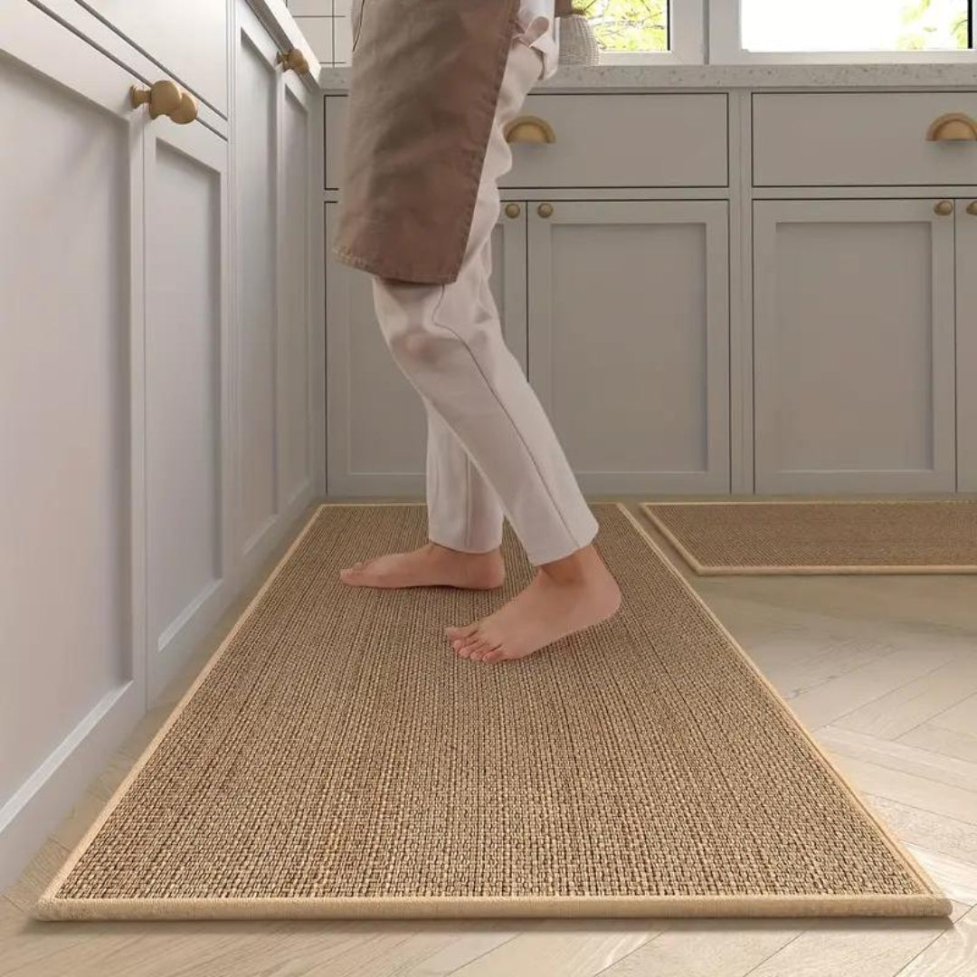 Anti-Fatigue Kitchen Floor Mat Set 2-Piece Cushioned PVC Foam Non-Slip Runner Beige Washable Comfort Rug for Cooking Prep Sink Area Standing
