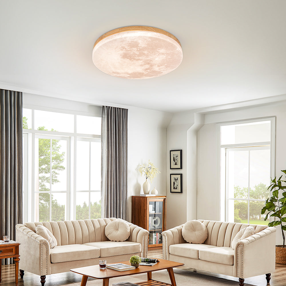 Round Flush Mount LED Ceiling Light with Lunar Surface Design Wood & Acrylic 19 in Diameter for Bedrooms Living Rooms Hallways Modern Ambien