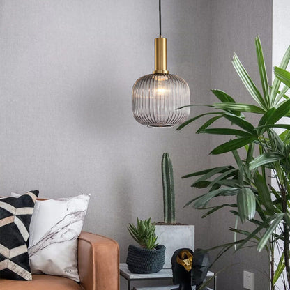Ribbed Glass Cylinder Hanging Fixture Single-Bulb Suspension Lamp for Kitchen Island Dining Room Entryway