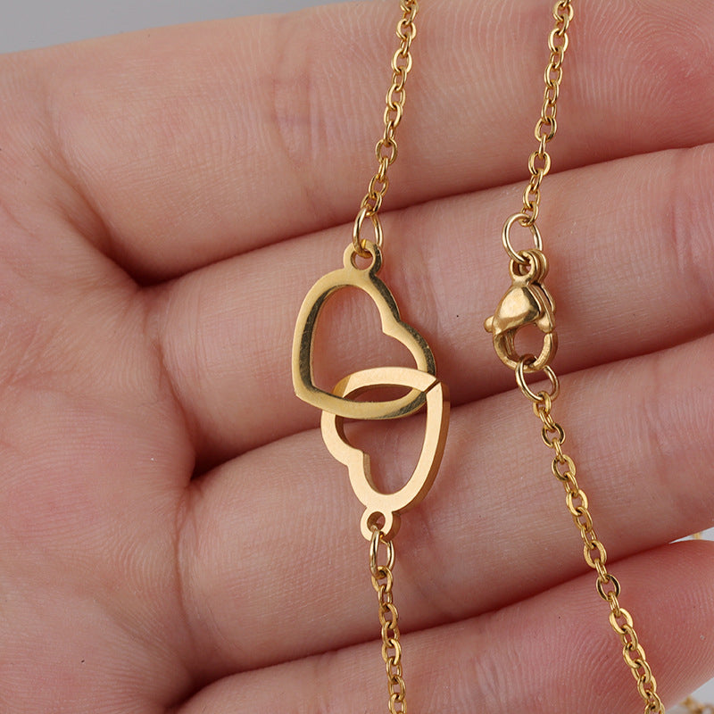 Interlocking Double Heart Pendant Titanium Steel Chain Necklace for Women Anniversary Valentines Day Jewelry Gift with Optional Spinning