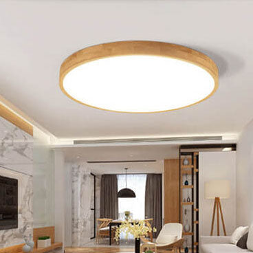 Slim Profile Round Wood Ceiling Light Fixture with Integrated LED – Modern Flush Mount in Natural Beige Finish for Bedroom, Living Room &