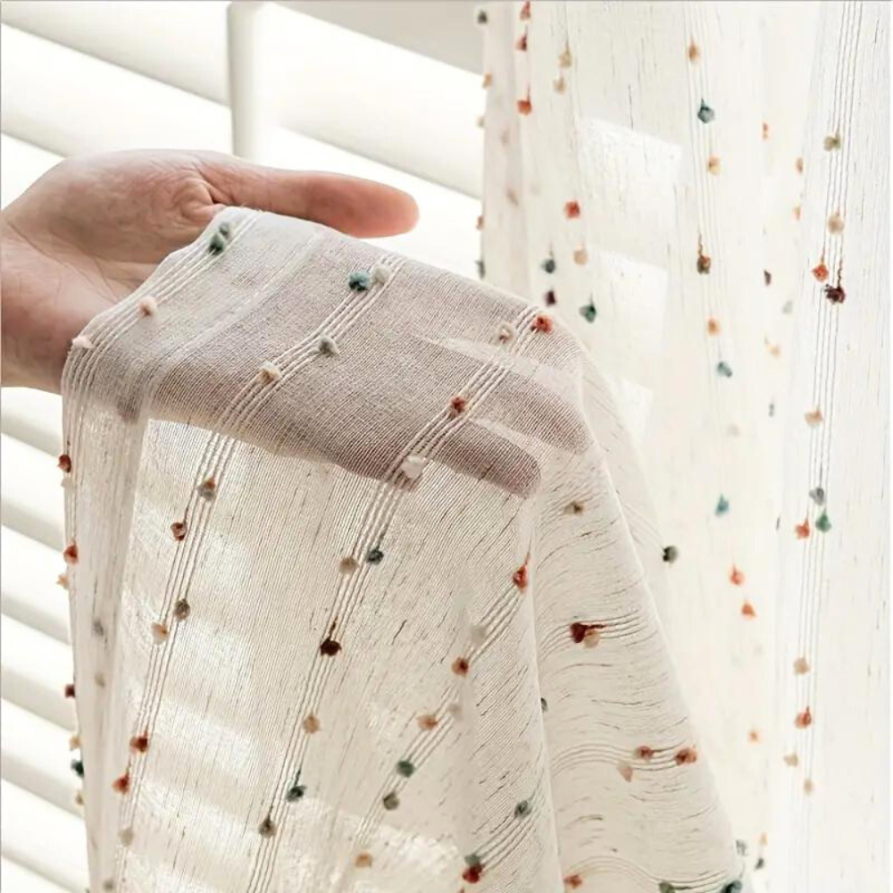 Sheer Voile Window Panel with Embroidered Rainbow Arcs – Playful Light-Filtering Drape for Kids Room, Nursery, Living Space & Balcony