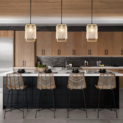 Square Cage Pendant Light Fixture with Textured Glass Shade & Gold Frame for Dining Room, Kitchen Island, Bedroom