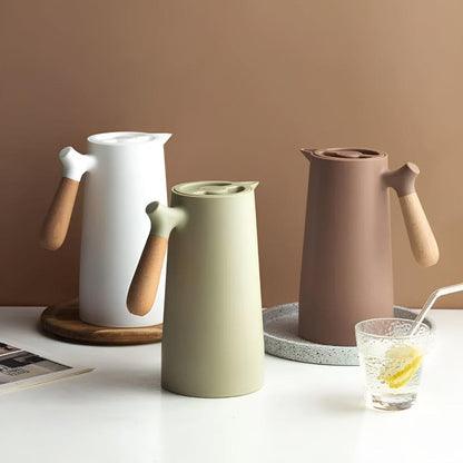 Insulated Beverage Carafe 34 oz Stainless Steel with Natural Wood Grip for Coffee Tea Water Hot Cold Drinks Kitchen Office Dining Room Deskt