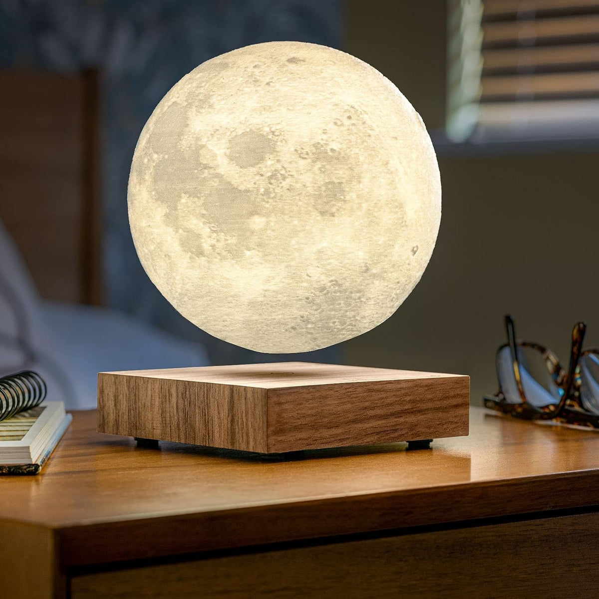Magnetic Floating Moon Night Light 6 Inch 3D Surface Rotating Lunar Sphere Wood Stand Ambient Bedroom Lamp Dual Color LED Glow