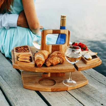 Portable Wooden Wine & Picnic Table with Carry Handle for Outdoor Dining | Folding Wine Caddy Tray for Beach, Park, Camping | Solid Wood