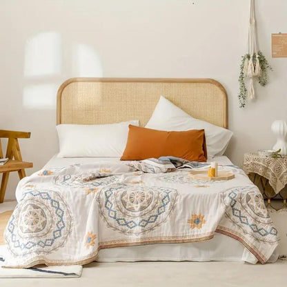 Cotton Throw Blanket with Mandala Pattern – Boho Geometric Design for Couch, Bed, Sofa – Lightweight Woven Coverlet for Living Room or