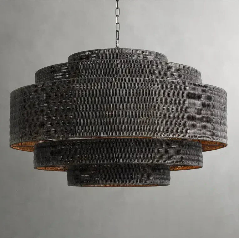 Woven Rattan Ceiling Chandelier with Layered Dome Shade – 28 or 40 Inch Natural Boho Pendant Light for Dining Room, Bedroom, Living Room