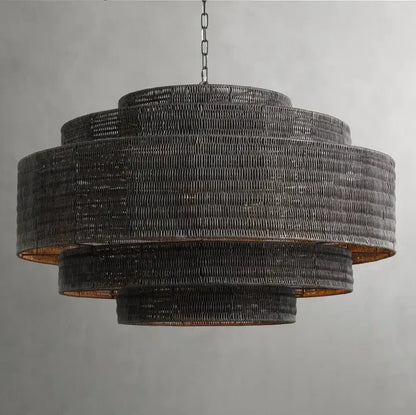Woven Rattan Ceiling Chandelier with Layered Dome Shade – 28 or 40 Inch Natural Boho Pendant Light for Dining Room, Bedroom, Living Room