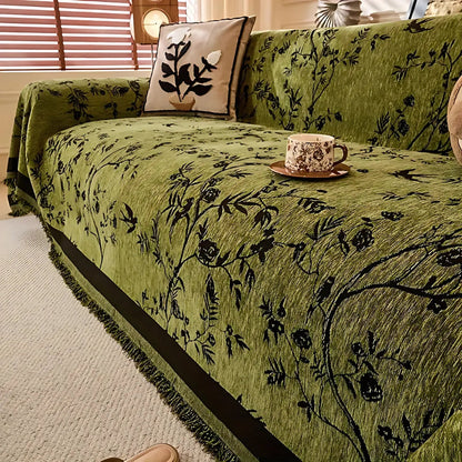 FloraLuxe Cover - Couch Cover - Floral Style - Chenille Tassel Elegance