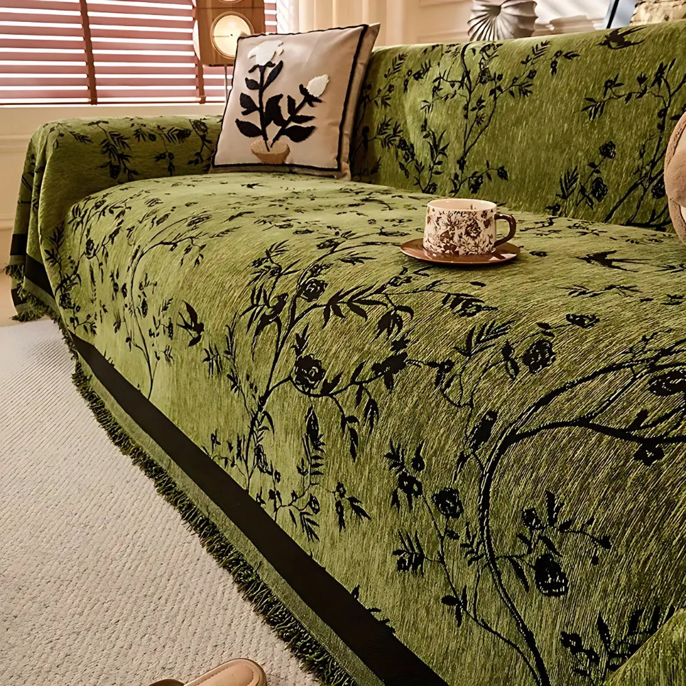 Plaid de canapé en chenille texturée à pompons – Housse de canapé en jacquard floral pour salon, résistante aux animaux et antidérapante