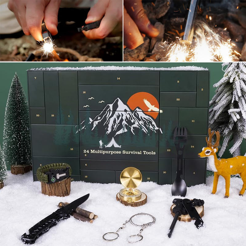 Outdoor Survival Gear Advent Calendar for Men – 24 Days of Adventure Tools for Camping Hiking Wilderness Exploration