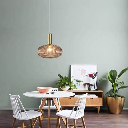 Ribbed Glass Cylinder Hanging Fixture Single-Bulb Suspension Lamp for Kitchen Island Dining Room Entryway
