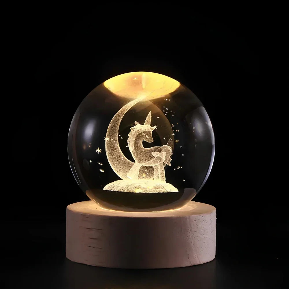 3D Engraved Crystal Planet Sphere Night Light on Wood Base USB Powered Desk Lamp Warm White LED Glow for Bedroom Living Room Nursery Space