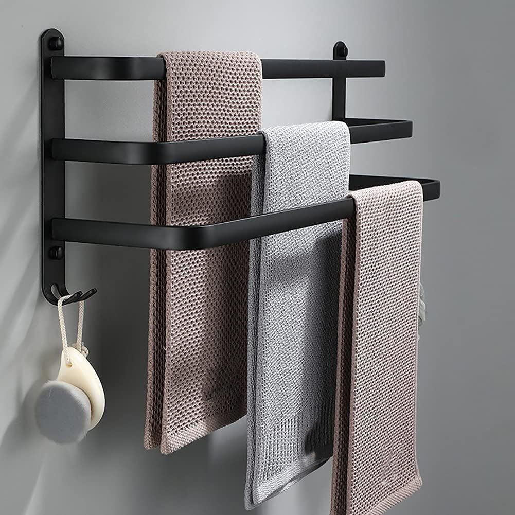 Wall-Mount Aluminum Bathroom Bar for Hand Towels & Washcloths – Black Triple-Rail Storage for Shower, Laundry & Kitchen – Space-Saving Dryin