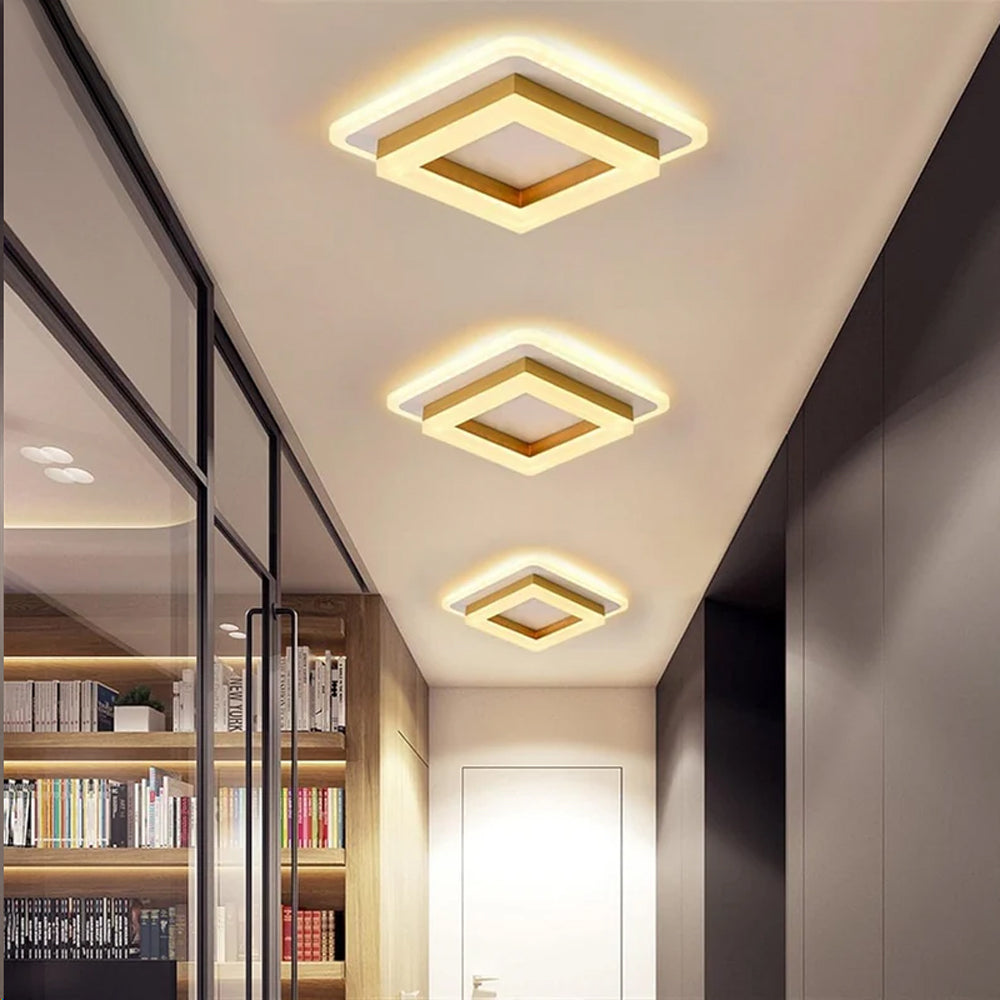 Flush Mount LED Light Fixture Square Layered Design 1920 Lumens for Bedroom Hallway Living Room Kitchen Den Black Gold Finish Contemporary M