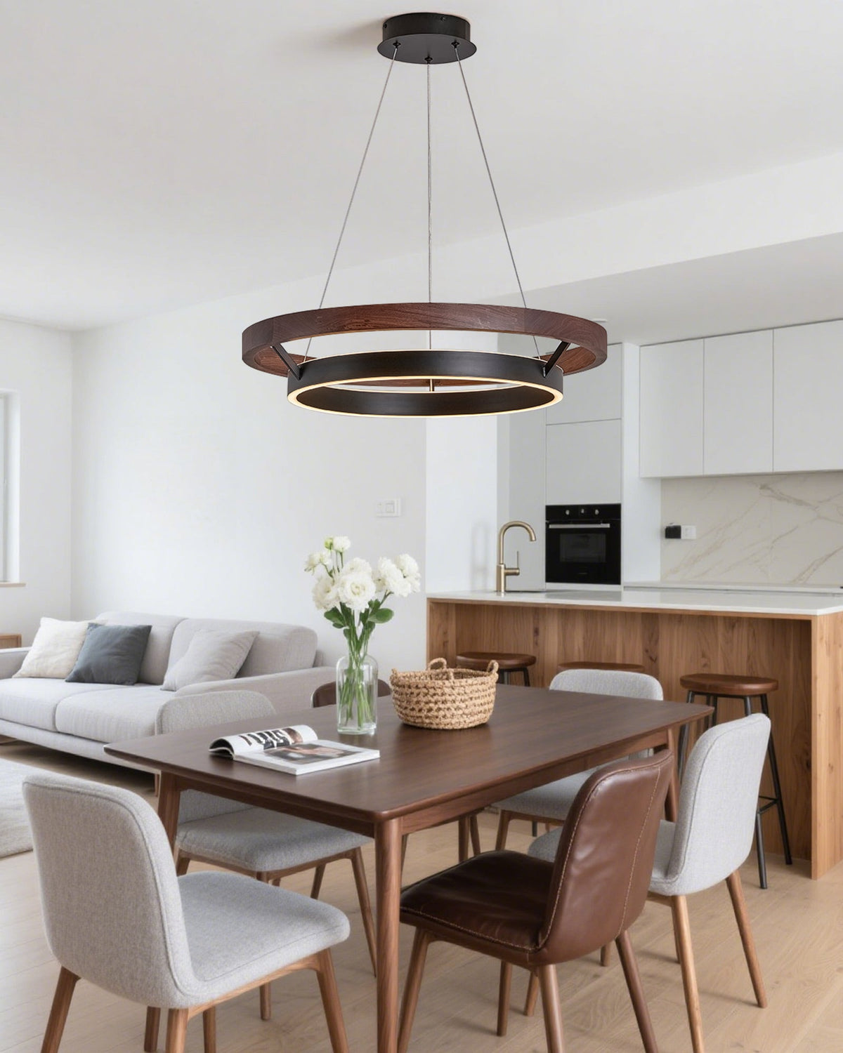 Circular Wood Ring Chandelier with LED Lighting 24-47 Inches Adjustable Height Farmhouse Dining Room Kitchen Island Ceiling Fixture