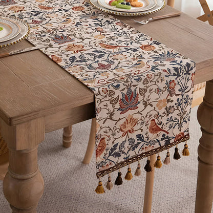 Viora Table Runner - Jacquard Floral and Bird Design, Elegant Tasselled Edges
