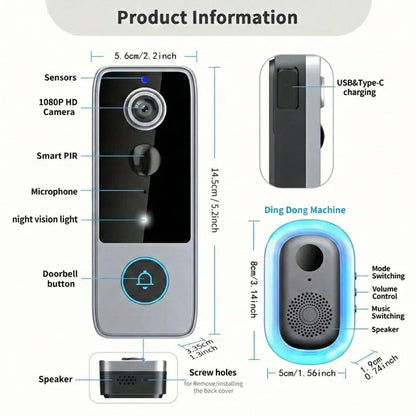 Smart Wireless Video Doorbell with HD Camera, Two-Way Talk & Motion Alerts – No Monthly Fees, Weather Resistant, Night Vision for Front
