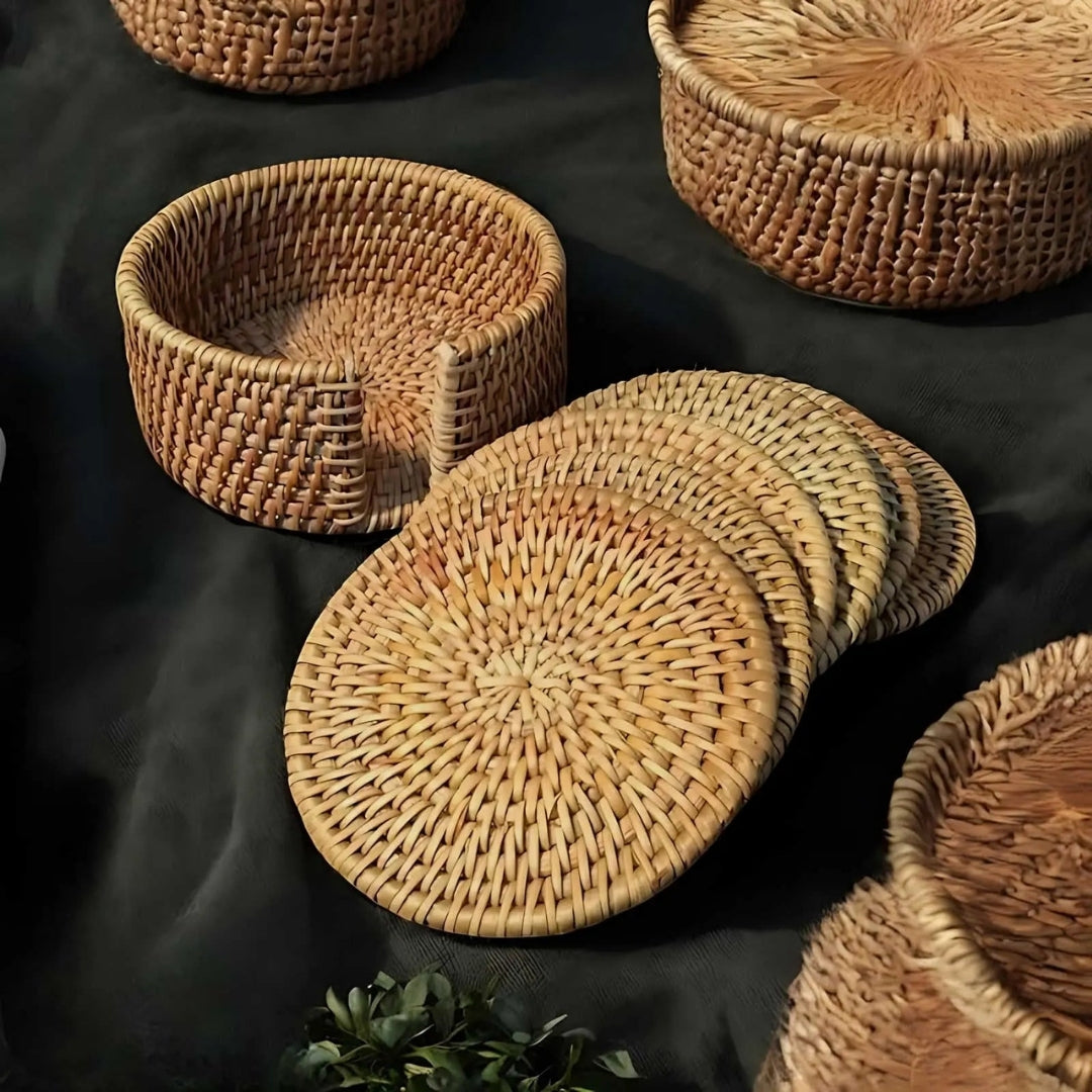 Woven Drink Coaster Set with Storage Holder – Natural Bamboo Finish for Hot & Cold Beverages, Coffee Table Protection
