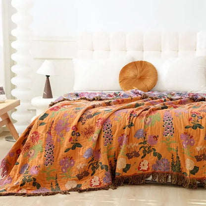Reversible Cotton Throw Blanket with Floral Jacquard Weave & Tassel Trim for Sofa, Bed, Couch | All-Season Lightweight Decorative Blanket