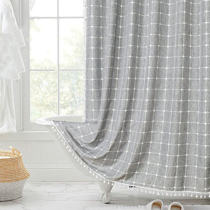 Waterproof Bath Curtain with Tassel Trim 71 x 79 Inches Gray Woven Linen Privacy Screen for Bohemian Bathrooms Country Style Decor Machine W