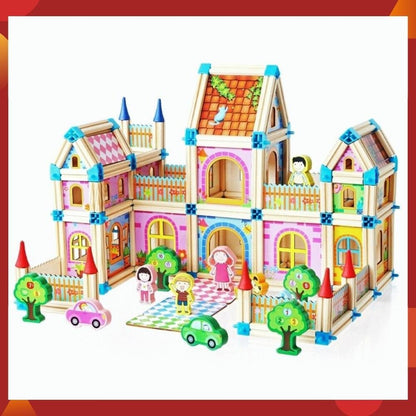 Wooden Modular Dollhouse Construction Set – Creative Building Activity for Kids Age 2+ with Architectural Pieces, Doors & Windows