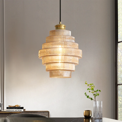 Tiered Glass Shade Ceiling Drop Light with Metallic Trim for Kitchen Islands & Eating Areas