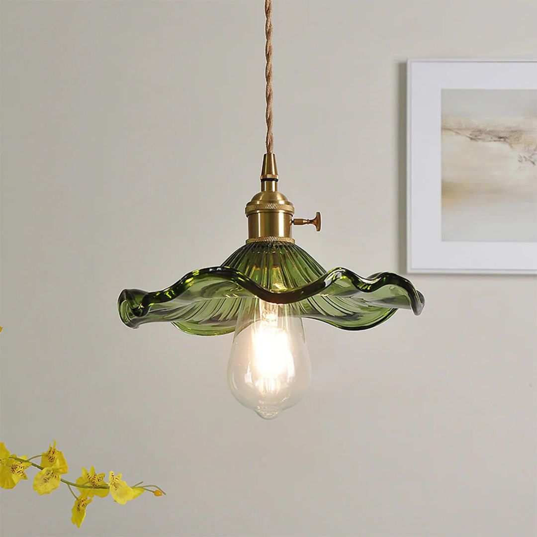 Glass Ceiling Light with Sculptural Ripple Edge – 9 in Hanging Fixture with Metal Hardware for Kitchen, Dining Area, or Bedroom – Adjustable