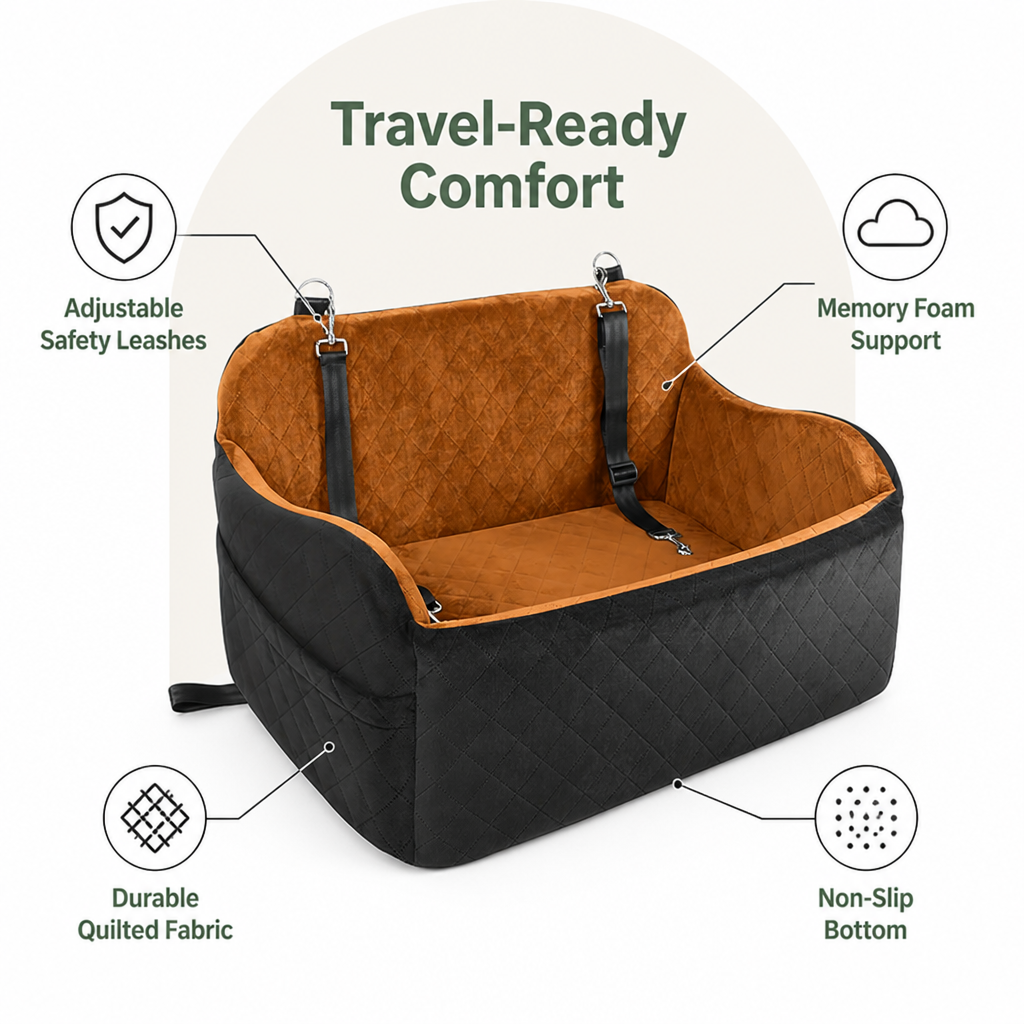 Ortekor Memory Foam & Non-Slip Dog Car Seat (Adjustable Leashes)