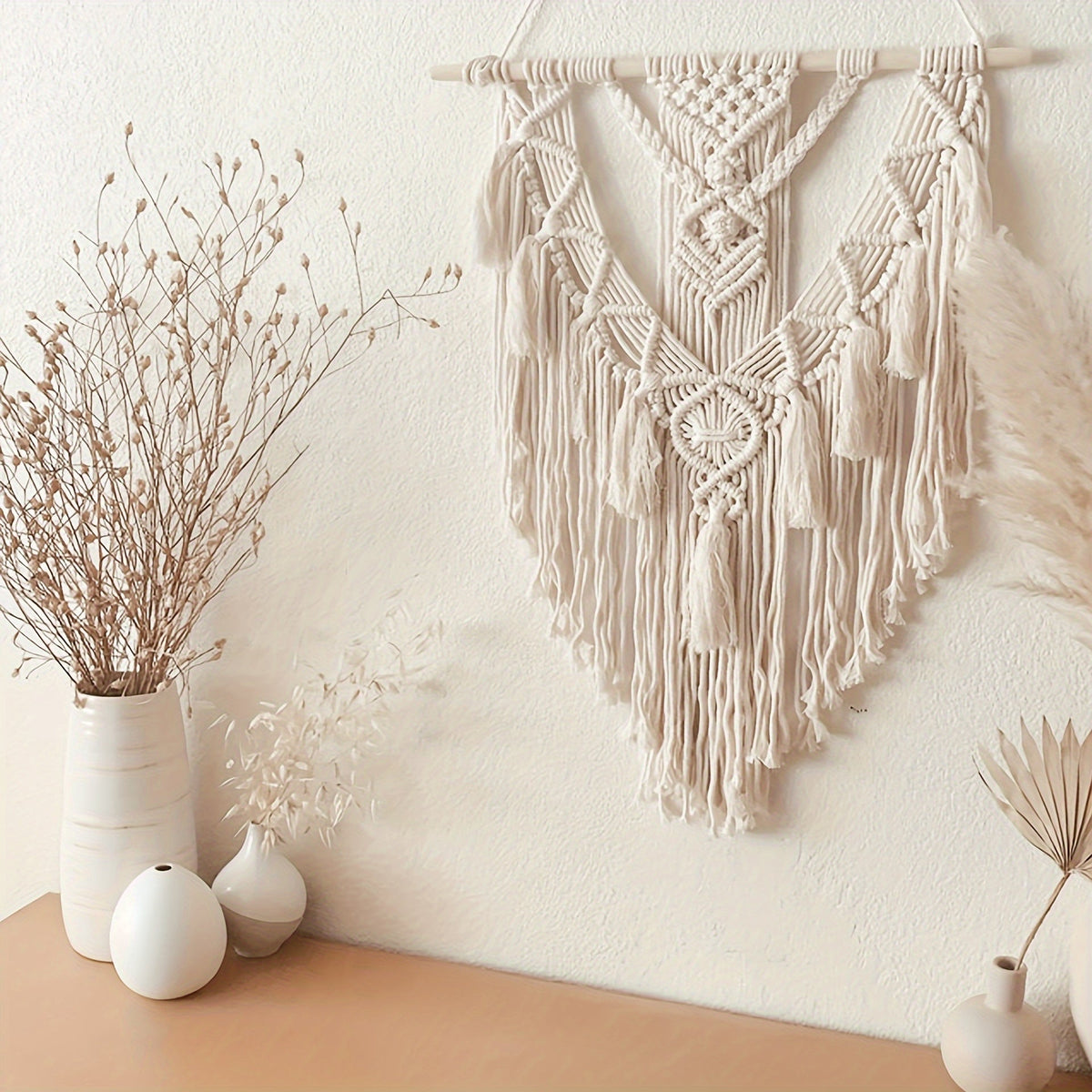 Woven Fiber Wall Art with Geometric Knotwork and Fringe for Living Room & Bedroom Decor