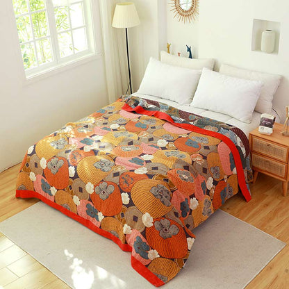 Reversible Cotton Gauze Quilt with Persimmon Pattern - Lightweight Summer Blanket for Bed, Sofa & Travel - Queen, King & Full Sizes