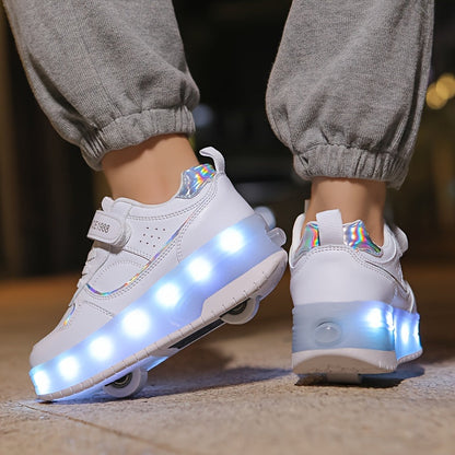 Light-Up Roller Skate Shoes for Kids with Detachable Wheels Purple Rechargeable Sneakers Boys Girls Indoor Outdoor Heelys-Style Footwear Ath