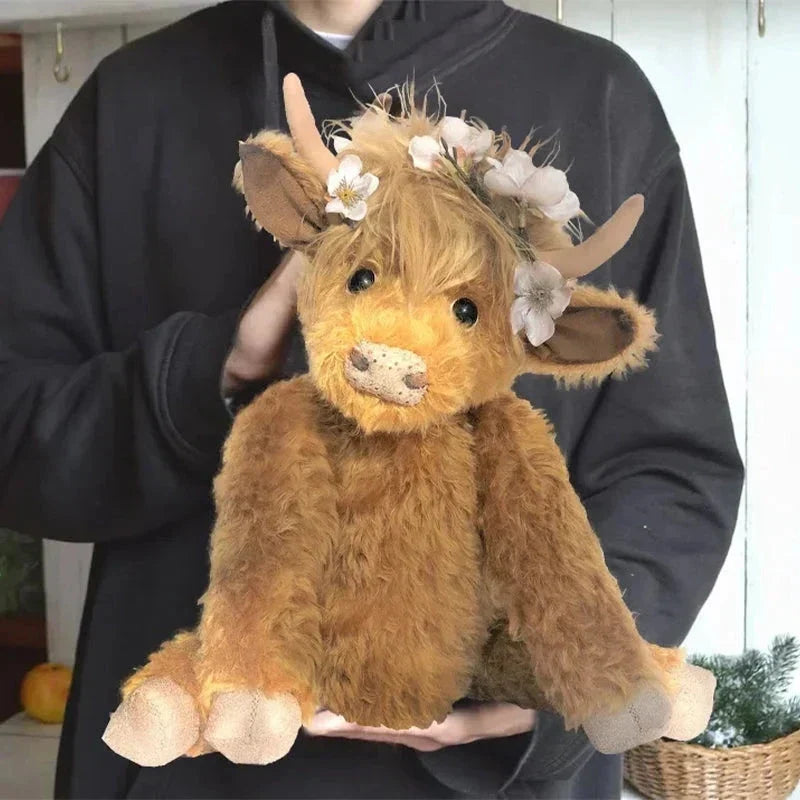Handcrafted Highland Cow Plush with Floral Crown – Soft Alpaca Fiber Stuffed Animal Décor for Kids & Adults, Poseable Limbs & Head, Glass