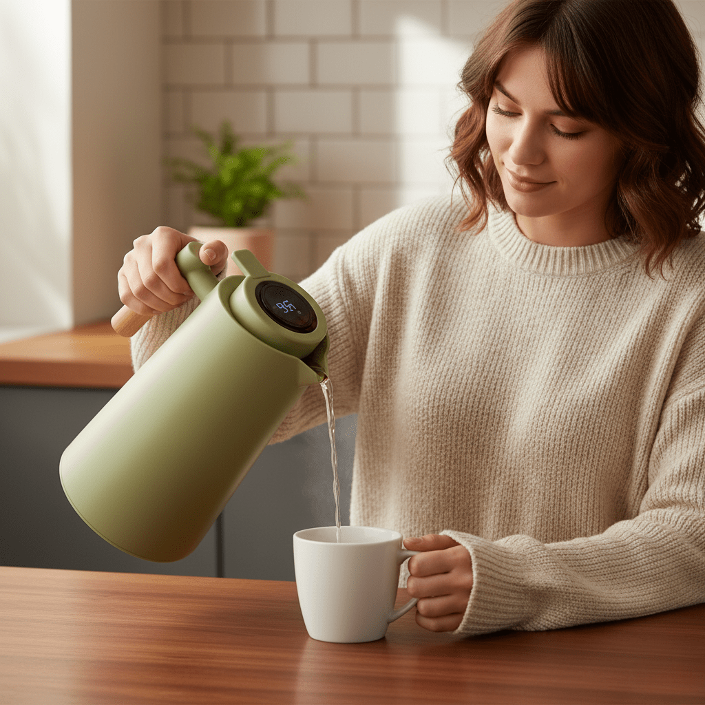 Insulated Water Bottle with Digital Temp Screen 34 oz Stainless Steel Vacuum Flask with Wood Handle for Coffee Tea Hot Cold Beverages Campin