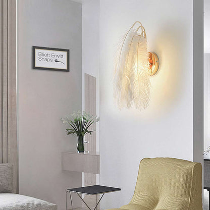 Feathered Sconce with Plume Shade for Bedroom Reading Nook Hallway Ambient Glow 9-Inch Iron Arm E26 Socket Adjustable Tone Options White Tex